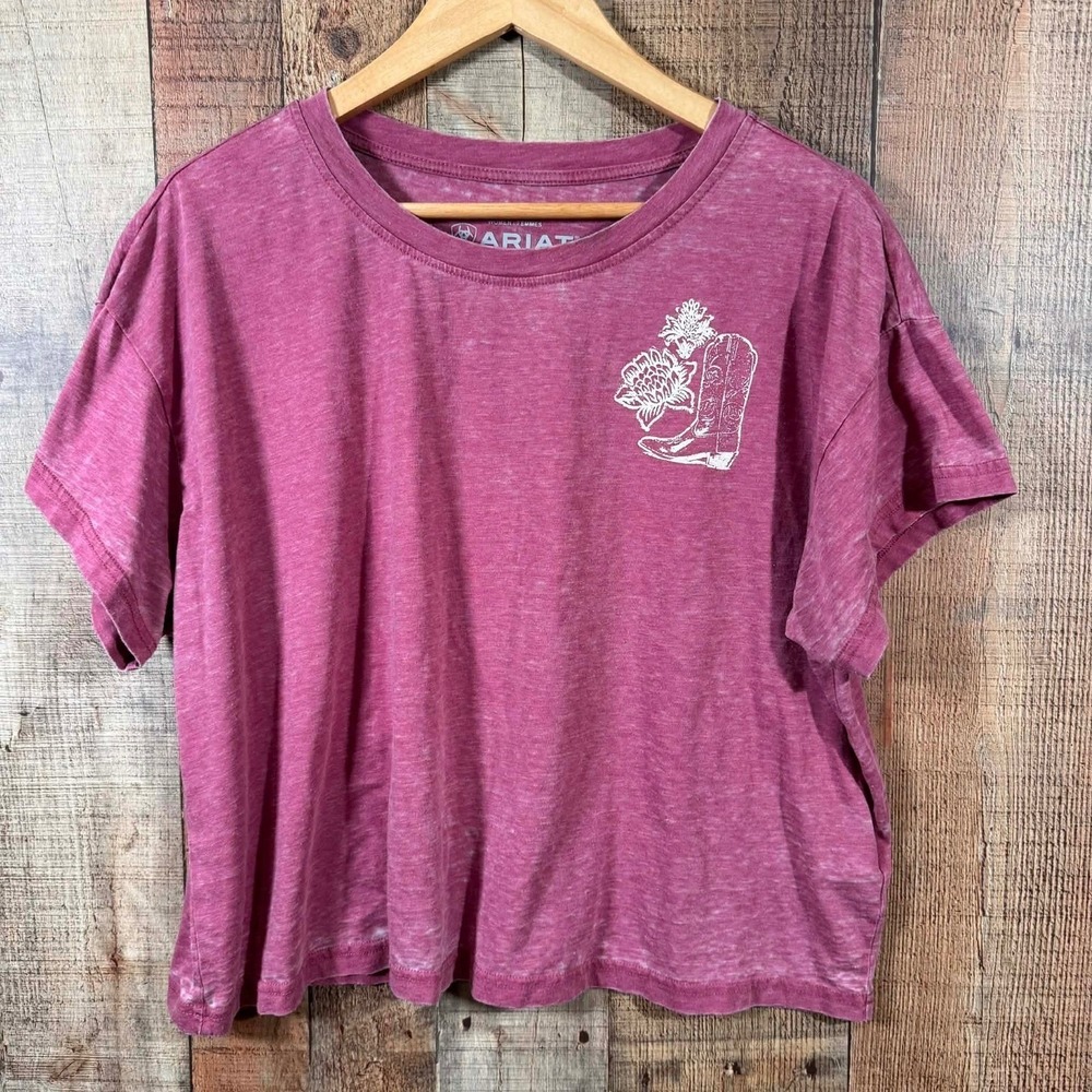 Ariat Boxy Crop Tee XL Western Graphic Pink Distressed Oversized Cowgirl Casual